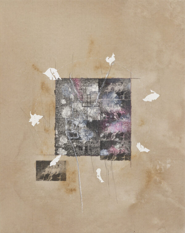 _I´d like to rent some body parts IV _Reisleim, Laserdruckfarbe, Grafit, Ölkreide, Papier und Zwirn auf Leinwand_46x58_
