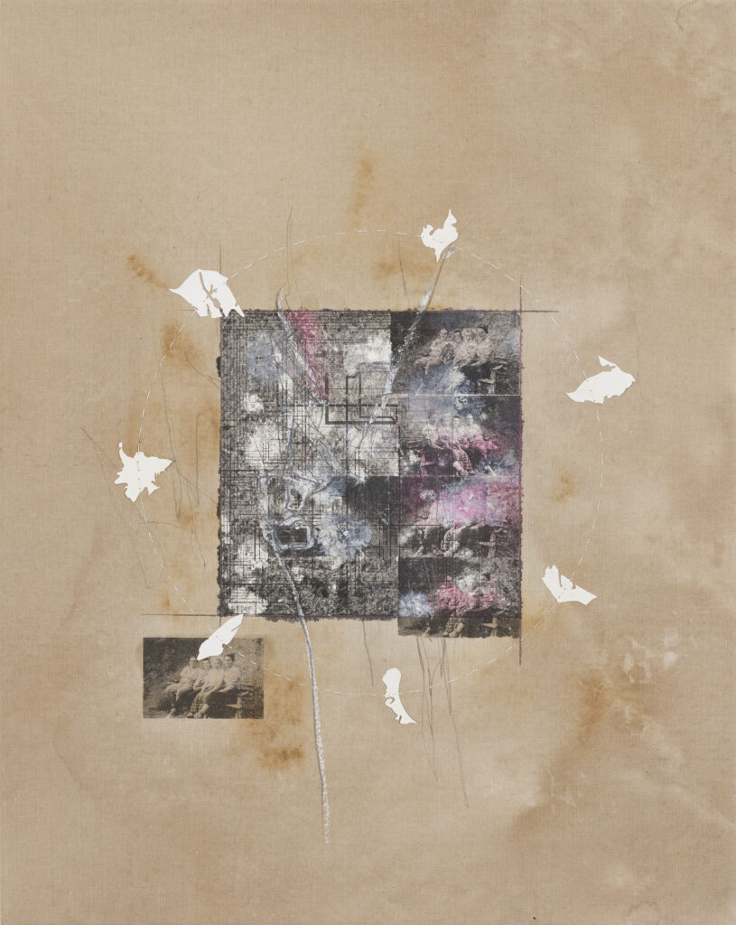 _I´d like to rent some body parts IV _Reisleim, Laserdruckfarbe, Grafit, Ölkreide, Papier und Zwirn auf Leinwand_46x58_