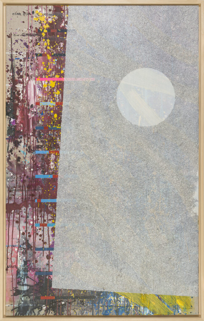 _KI III_Acryl, Öl, Laserdruckübetrag und Marker auf Leinwand - In Schattenfugenrahmung_105x165_